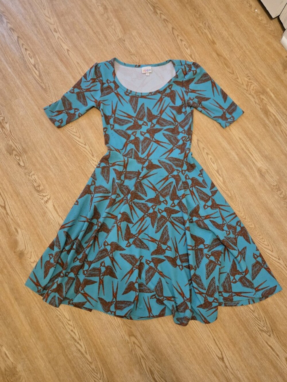 Lularoe Nicole Teal Bird Print Fit-and-Flare Dress